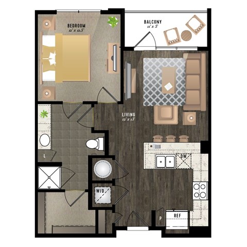 A floor plan of a house with a balcony, living room, dining area, and kitchen.